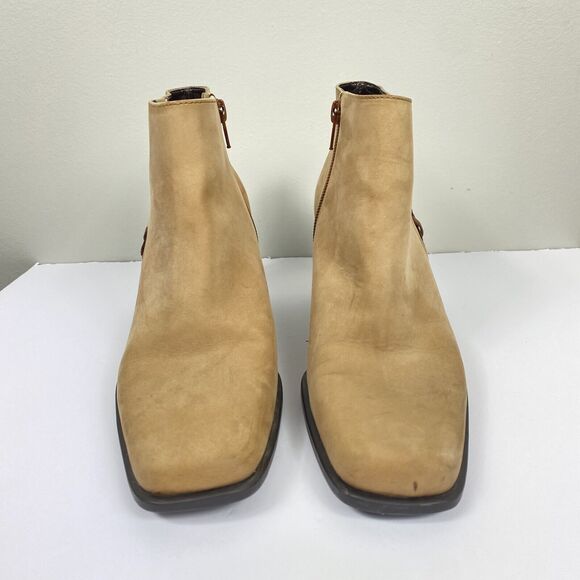 Vintage 90s Y2K Tan Square Toe Leather Heel Ankle Boots Sz 8.5 Western Hippie - Picture 3 of 9